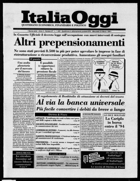 Italia oggi : quotidiano di economia finanza e politica